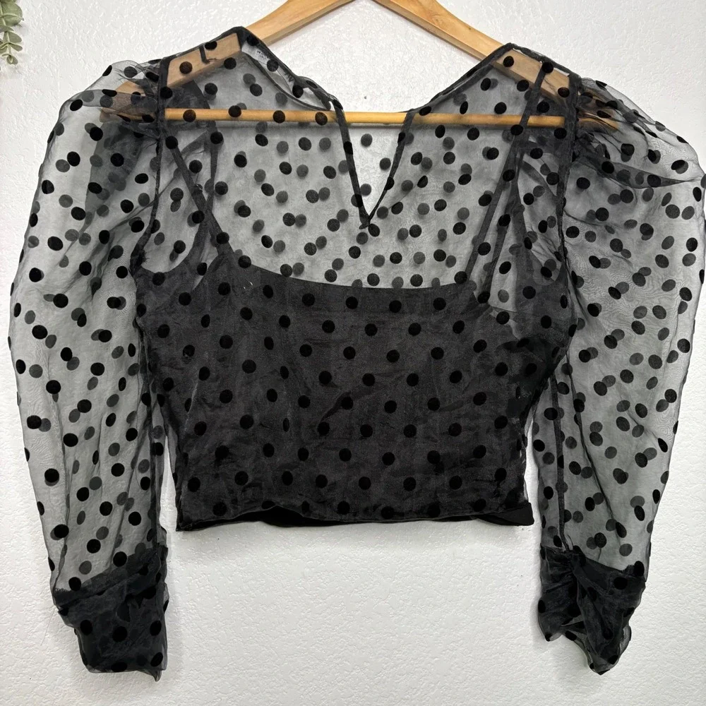 Zara Black Sheer Polka Dot Organza Puff Sleeve Crop Top Small P2P 14in